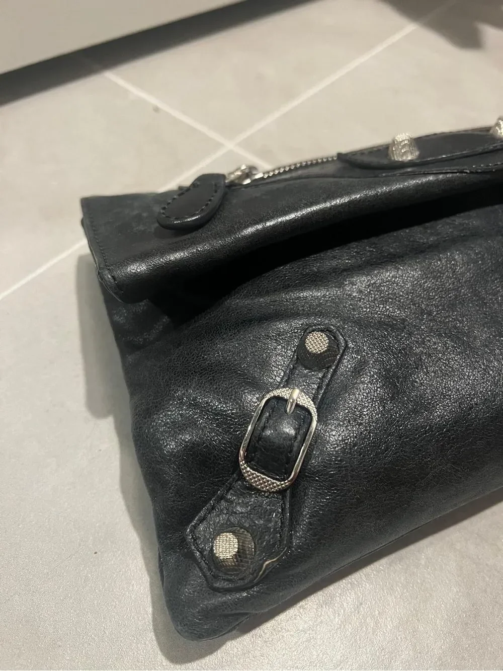 Balenciaga Black Leather Fold-Over Messenger Bag with Silver Hardware authentic